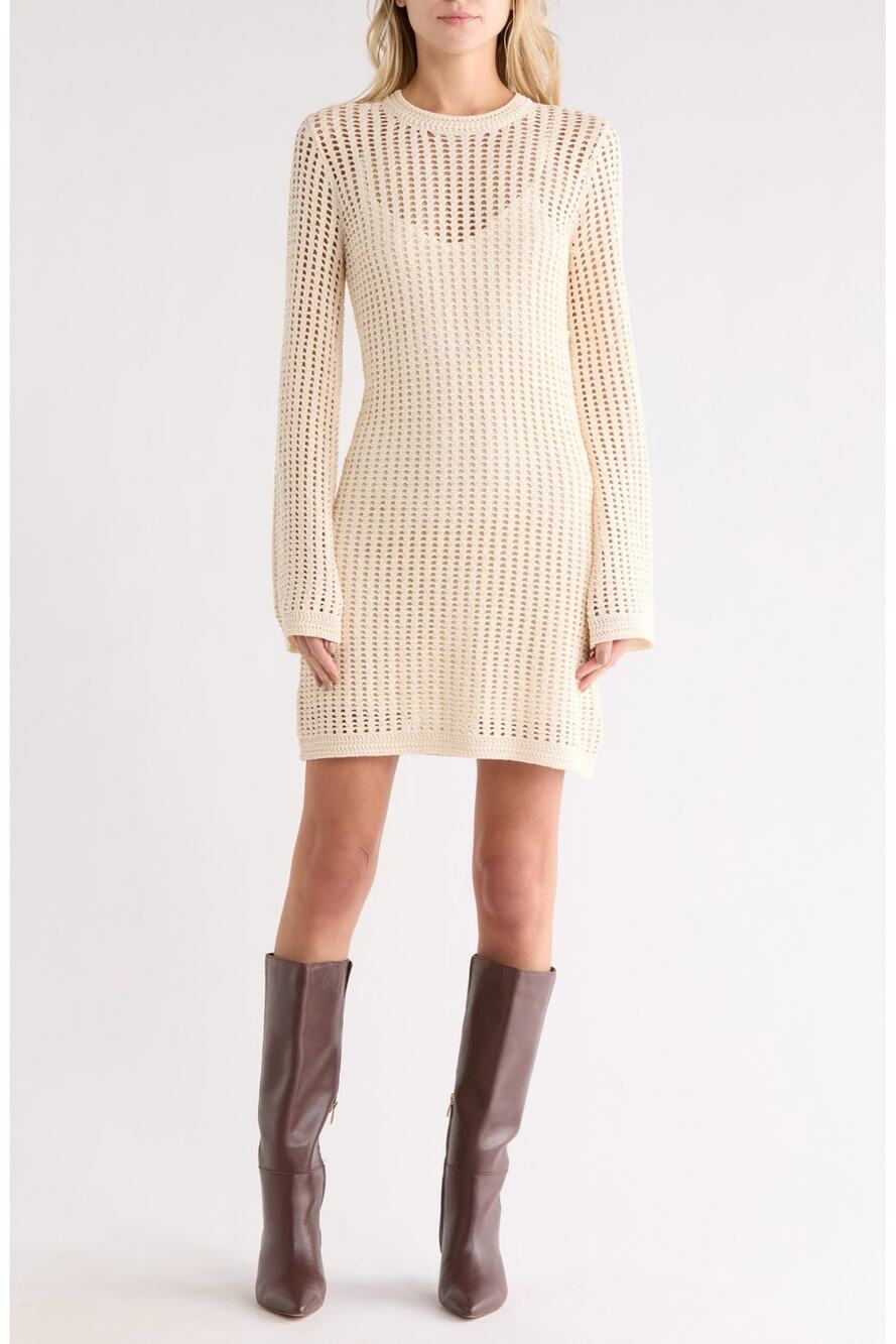 Frame Cream Sheer Crochet Bell Long Sleeve Cotton Beach Boho Mini Dress Size XS
